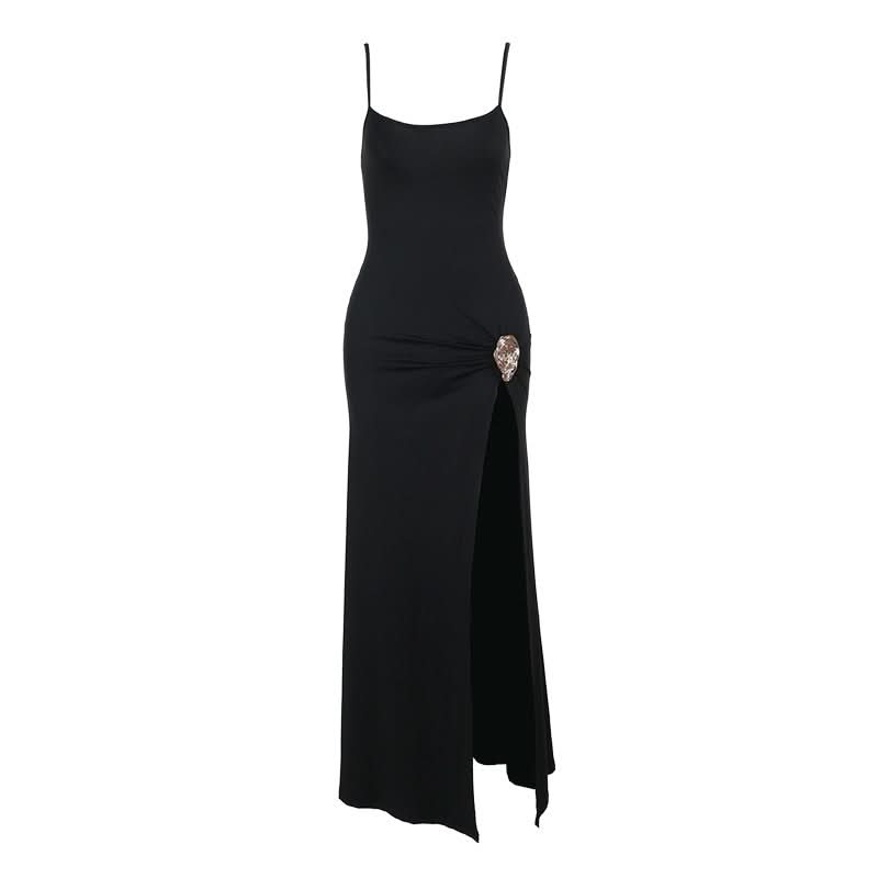 The 'Starlet' Black High-Slit Maxi Dress with Statement Ruched Buckle - Perfect for Fall & Holiday Parties