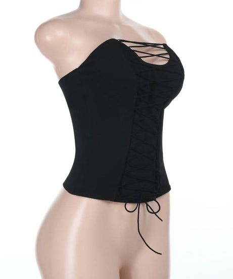 Autumn Edge Black Lace-Up Backless Bodice Top - Chic Fall Nights & Halloween Ready