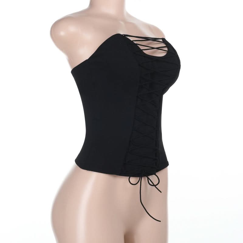 Autumn Edge Black Lace-Up Backless Bodice Top - Chic Fall Nights & Halloween Ready