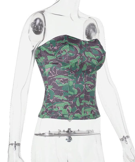 Chic Botanical Camo Strapless Backless Bustier Top - Fall Statement Style