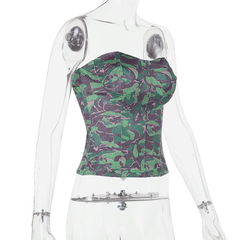 Chic Botanical Camo Strapless Backless Bustier Top - Fall Statement Style