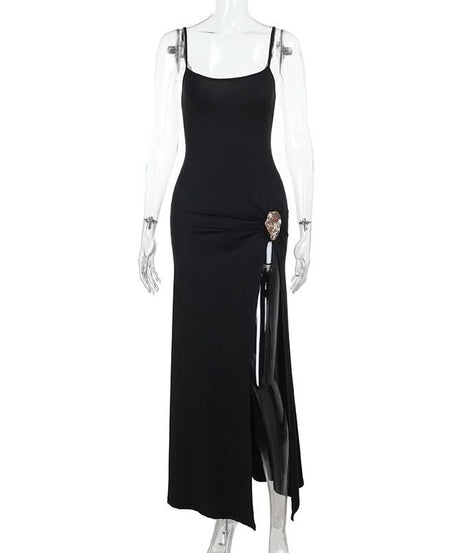 The 'Starlet' Black High-Slit Maxi Dress with Statement Ruched Buckle - Perfect for Fall & Holiday Parties
