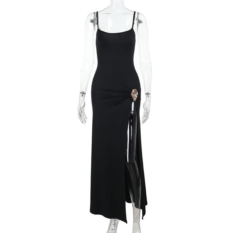The 'Starlet' Black High-Slit Maxi Dress with Statement Ruched Buckle - Perfect for Fall & Holiday Parties