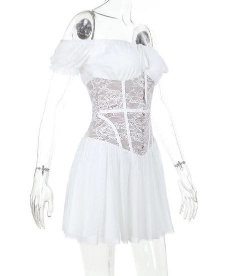 Enchanting White Lace Corset Mini Dress - Off-Shoulder Romantic Fall Party & Date Night