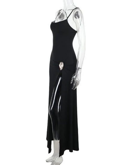The 'Starlet' Black High-Slit Maxi Dress with Statement Ruched Buckle - Perfect for Fall & Holiday Parties