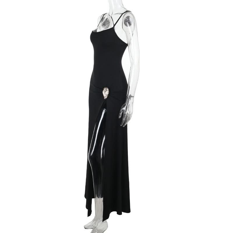 The 'Starlet' Black High-Slit Maxi Dress with Statement Ruched Buckle - Perfect for Fall & Holiday Parties
