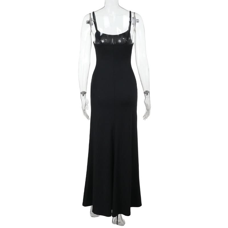 The 'Starlet' Black High-Slit Maxi Dress with Statement Ruched Buckle - Perfect for Fall & Holiday Parties