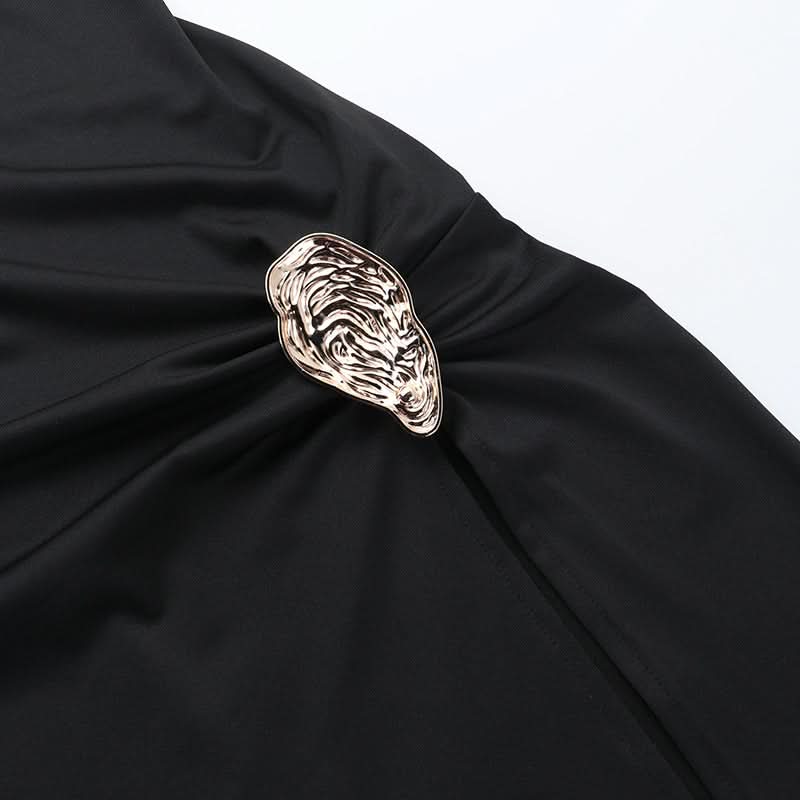 The 'Starlet' Black High-Slit Maxi Dress with Statement Ruched Buckle - Perfect for Fall & Holiday Parties