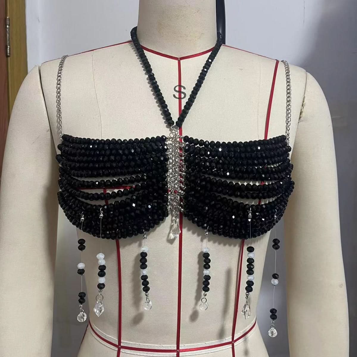 Bewitching Black Beaded Halter Body Chain Top - Fall Parties & Halloween Statement