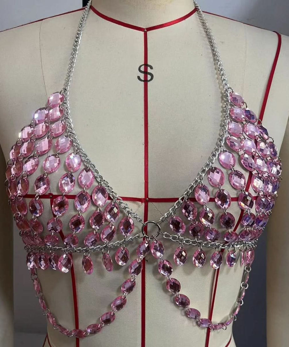 Dazzling Pink Rhinestone Chain Halter Top - The Ultimate Festival & Holiday Glam Statement