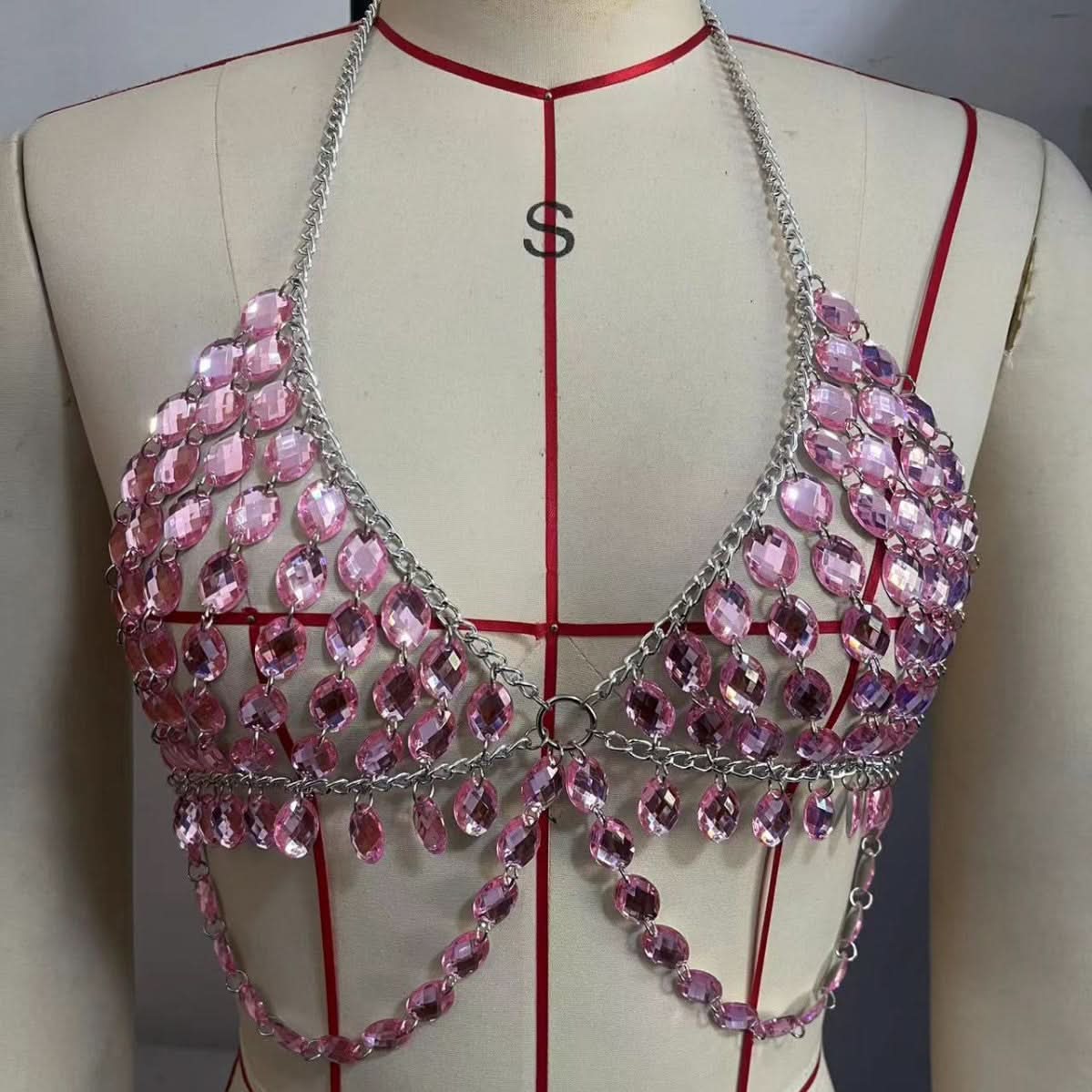 Dazzling Pink Rhinestone Chain Halter Top - The Ultimate Festival & Holiday Glam Statement
