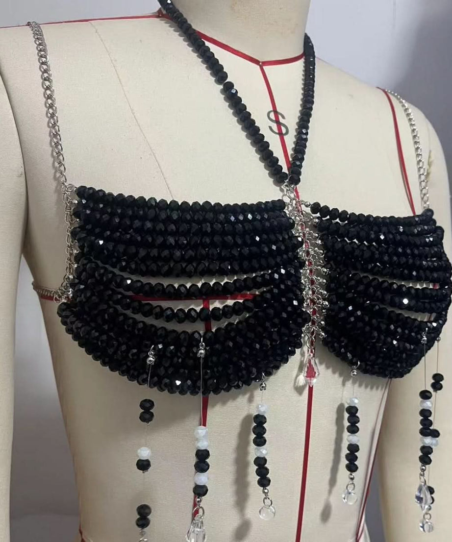 Bewitching Black Beaded Halter Body Chain Top - Fall Parties & Halloween Statement
