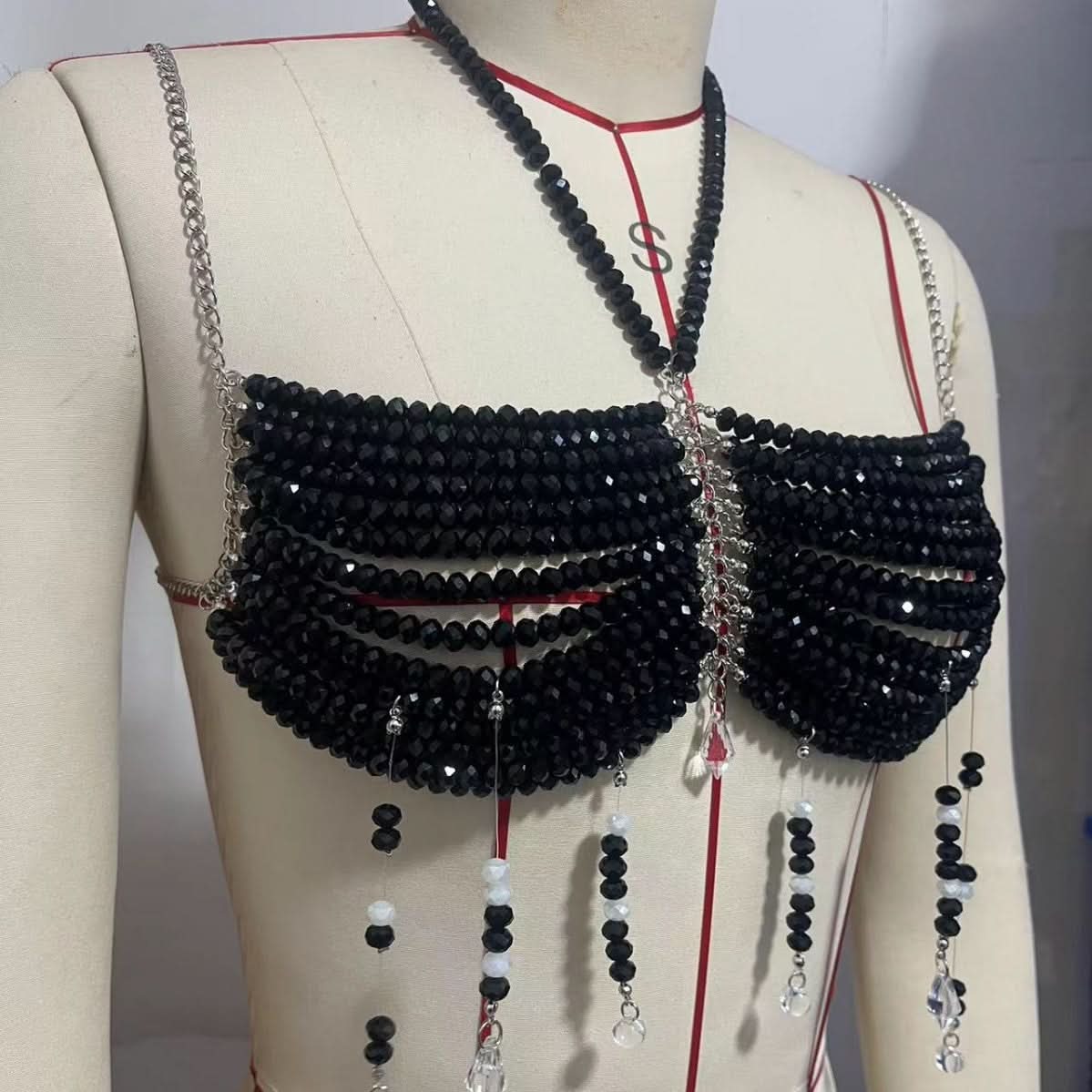 Bewitching Black Beaded Halter Body Chain Top - Fall Parties & Halloween Statement