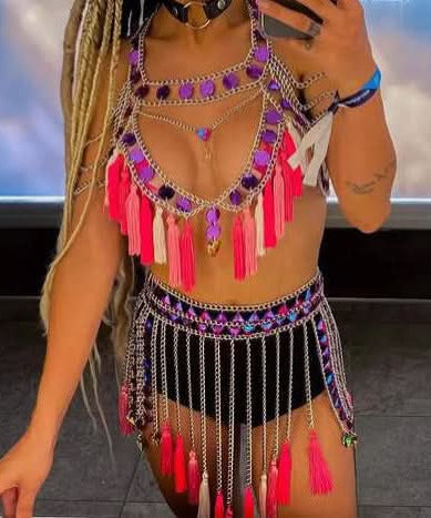 Dazzling Iridescent Sequin & Tassel Body Chain Top - Halloween, Rave & Festival Glam