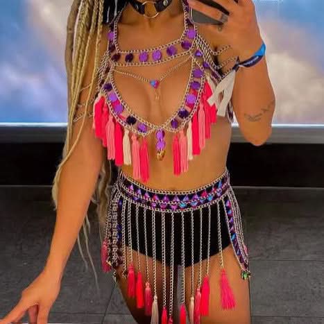 Dazzling Iridescent Sequin & Tassel Body Chain Top - Halloween, Rave & Festival Glam