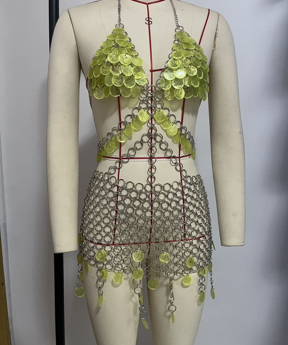 Mermaidcore Lime Green Chainmail Body Chain Set - Festival, Rave & Halloween Statement