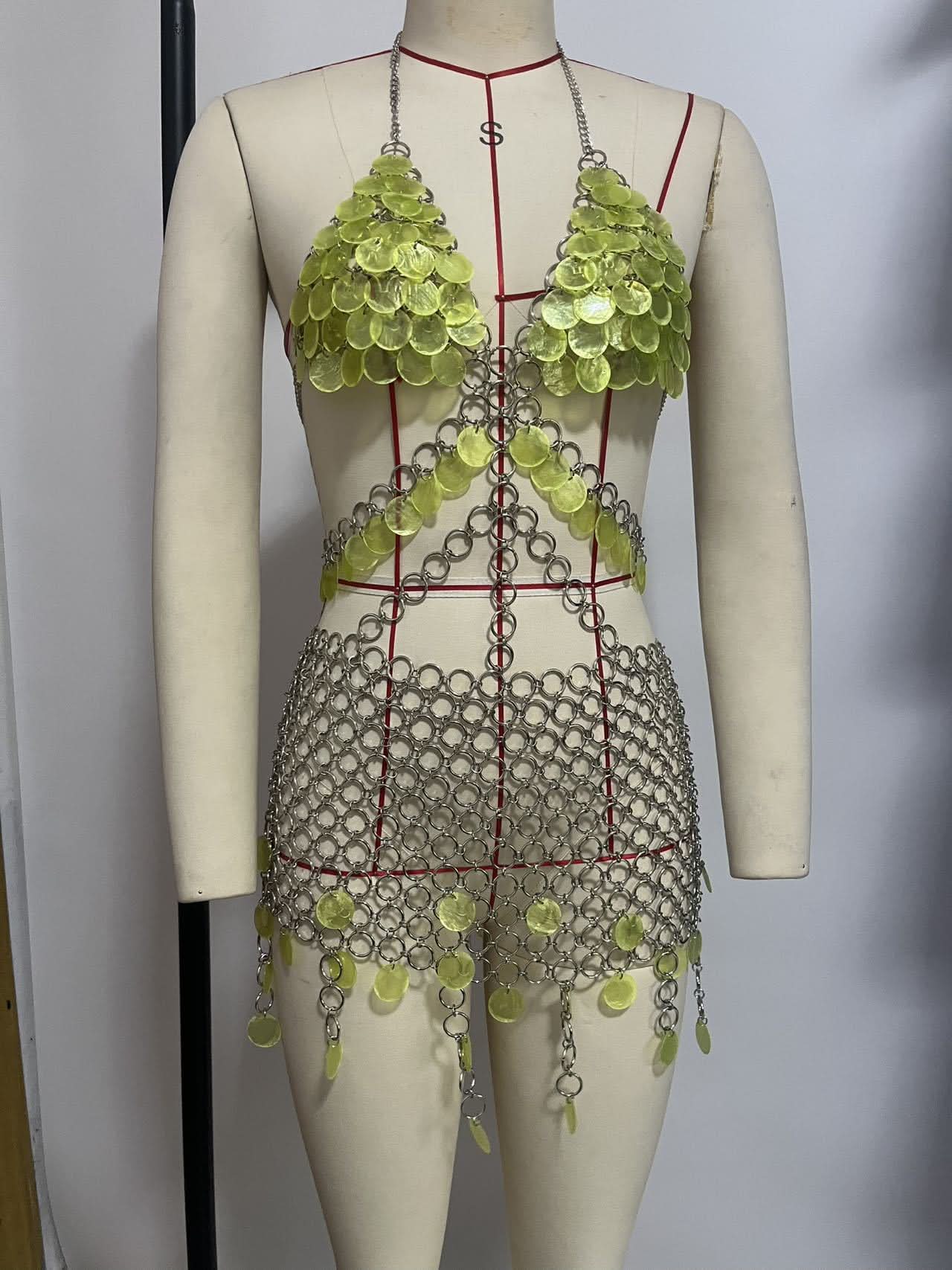 Mermaidcore Lime Green Chainmail Body Chain Set - Festival, Rave & Halloween Statement