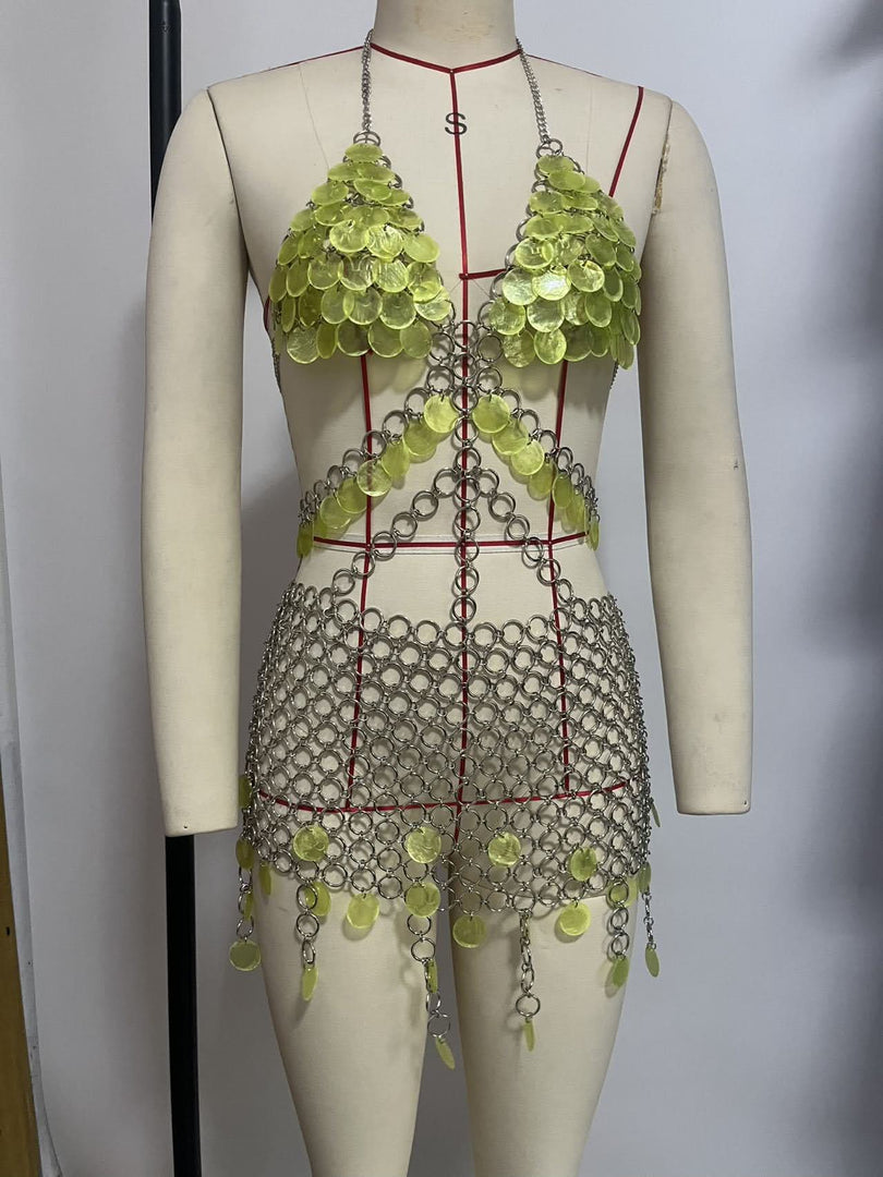 Mermaidcore Lime Green Chainmail Body Chain Set - Festival, Rave & Halloween Statement