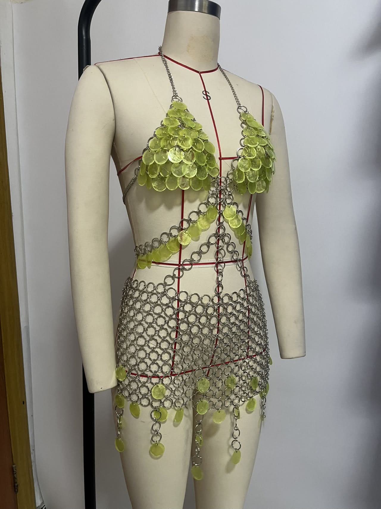 Mermaidcore Lime Green Chainmail Body Chain Set - Festival, Rave & Halloween Statement