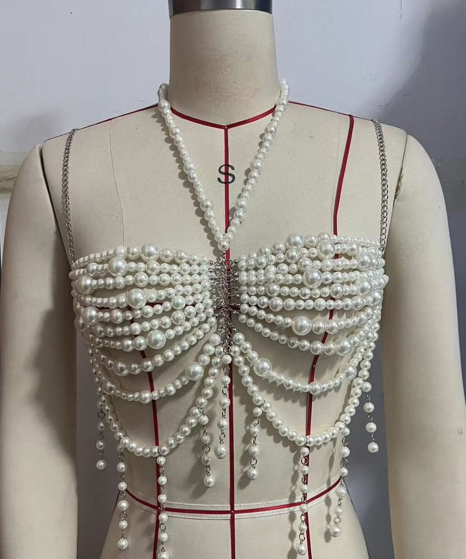 Goddess Pearl Draped Body Chain Top - Ultimate Festival & Holiday Party Glamour
