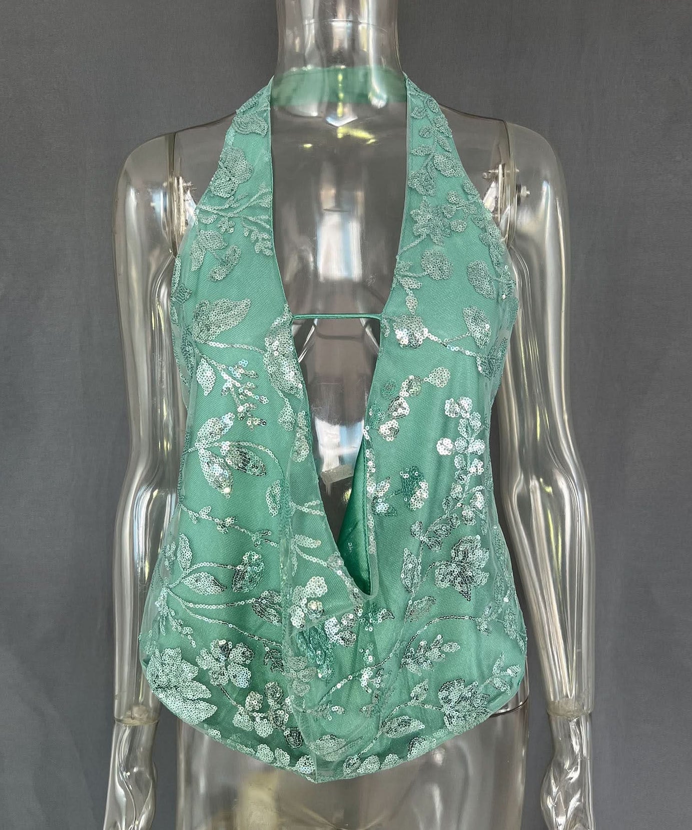 Dazzling Gold Sequin Halter Top - Backless V-Neck for Holiday & NYE Glam