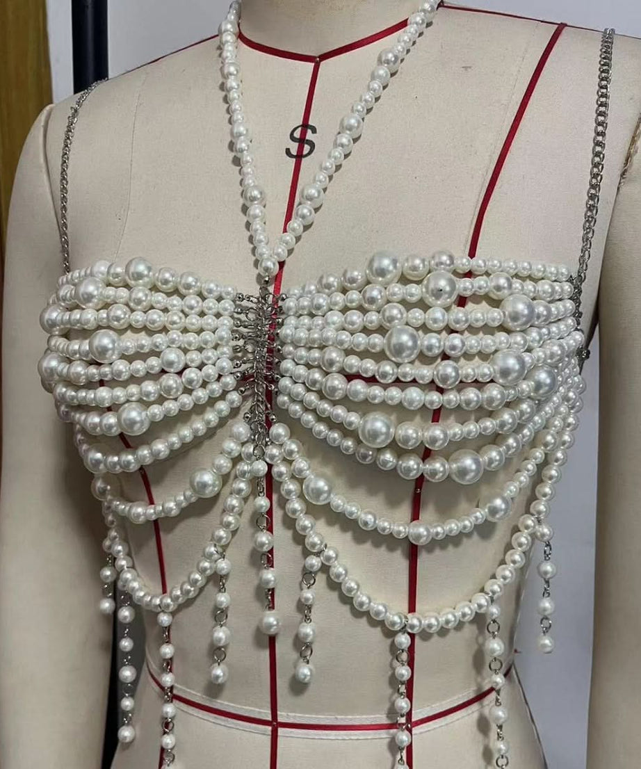 Goddess Pearl Draped Body Chain Top - Ultimate Festival & Holiday Party Glamour