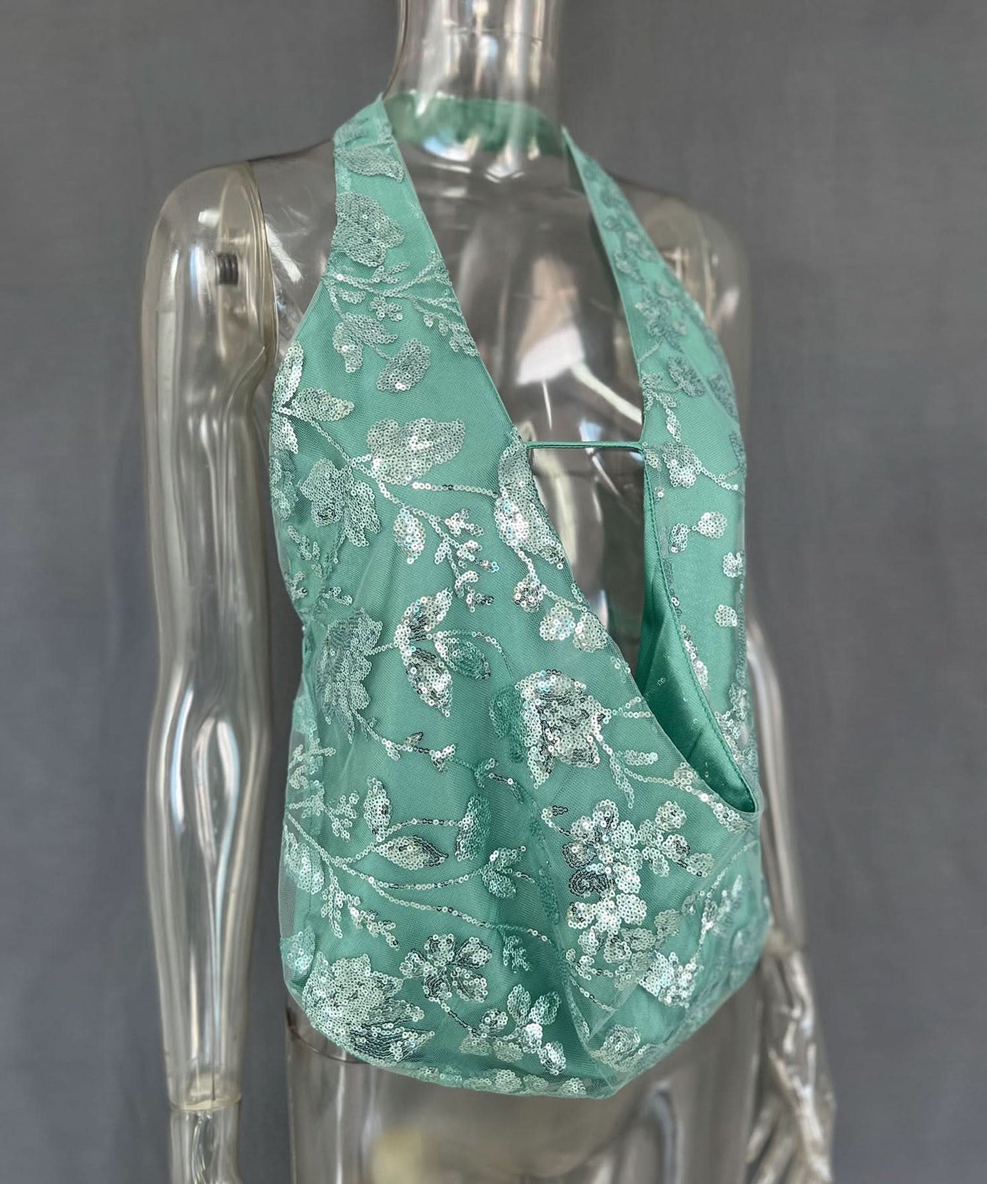 Dazzling Gold Sequin Halter Top - Backless V-Neck for Holiday & NYE Glam