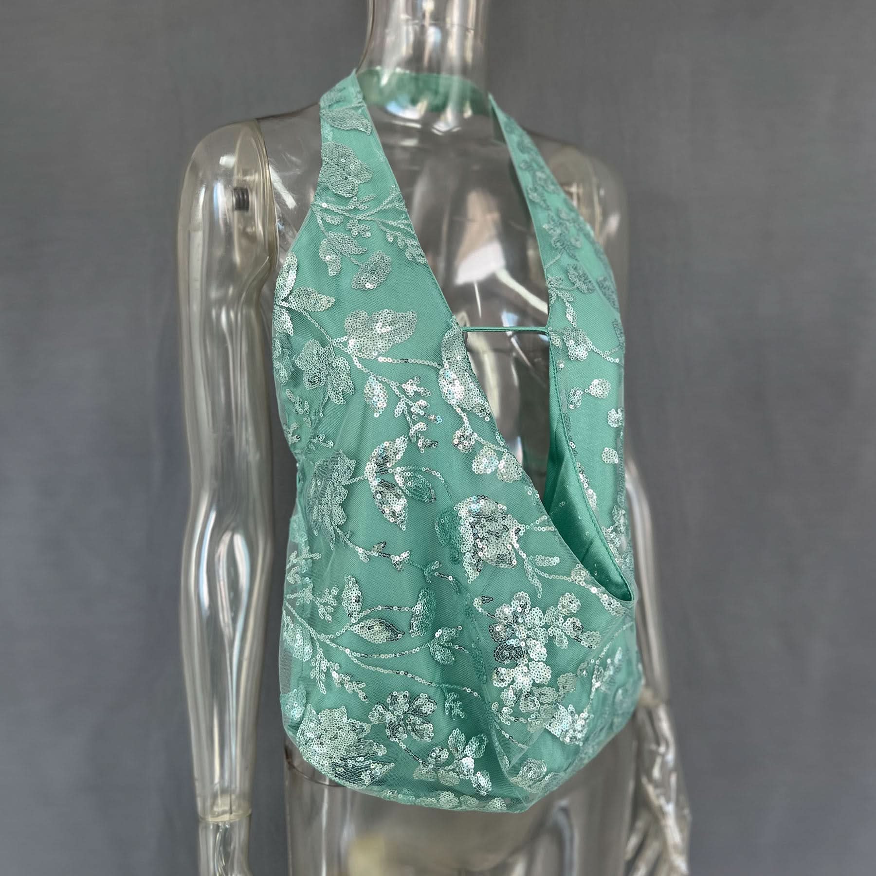 Dazzling Gold Sequin Halter Top - Backless V-Neck for Holiday & NYE Glam