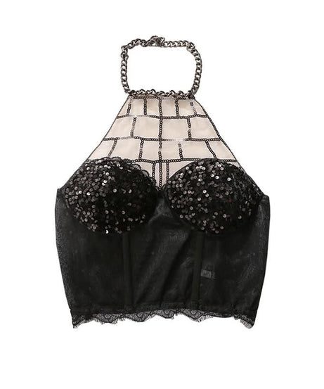 Spooky Chic Chain Web Halter Sequin Bustier Crop Top | Edgy Halloween & Fall Party Ready