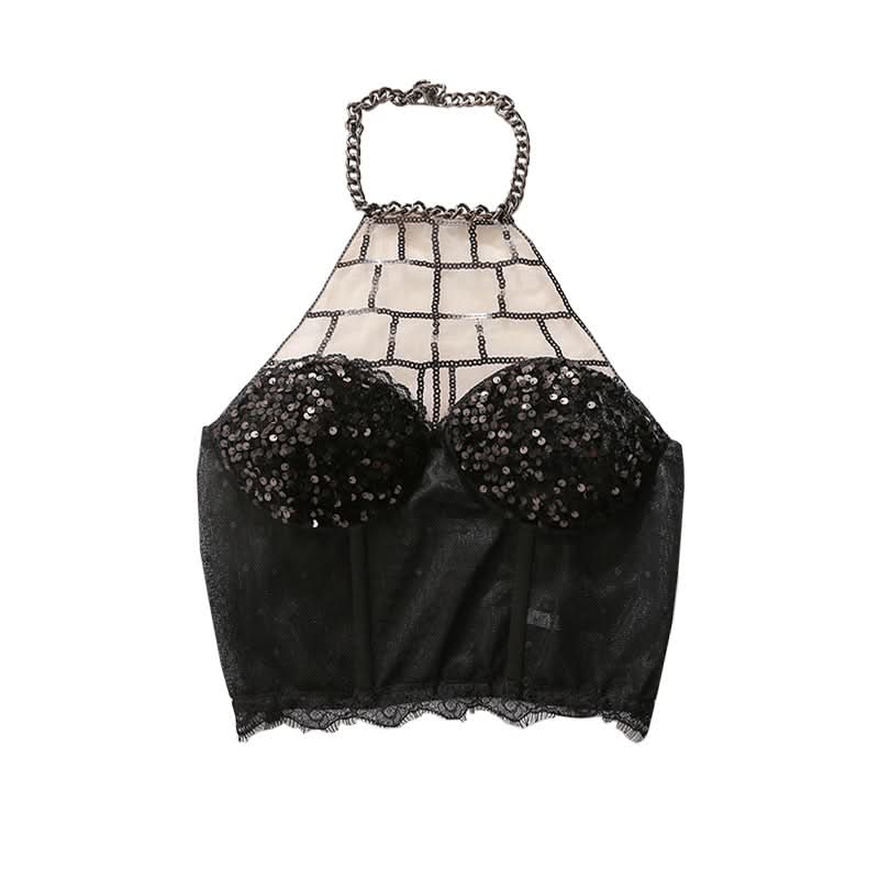 Spooky Chic Chain Web Halter Sequin Bustier Crop Top | Edgy Halloween & Fall Party Ready