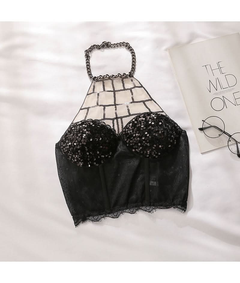 Spooky Chic Chain Web Halter Sequin Bustier Crop Top | Edgy Halloween & Fall Party Ready