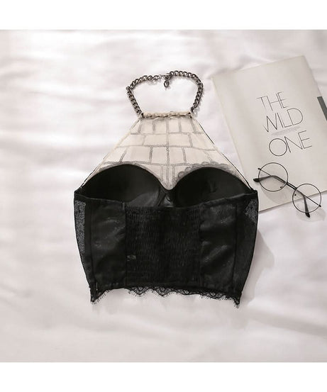 Spooky Chic Chain Web Halter Sequin Bustier Crop Top | Edgy Halloween & Fall Party Ready