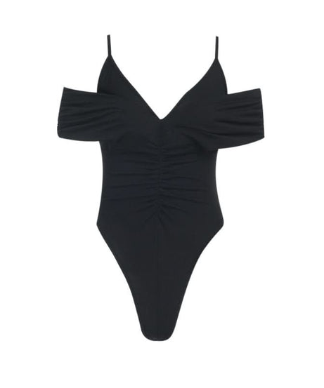 Fall Glamour: Ruched V-Neck Off-Shoulder Bodysuit - Chic & Flattering for Nights Out