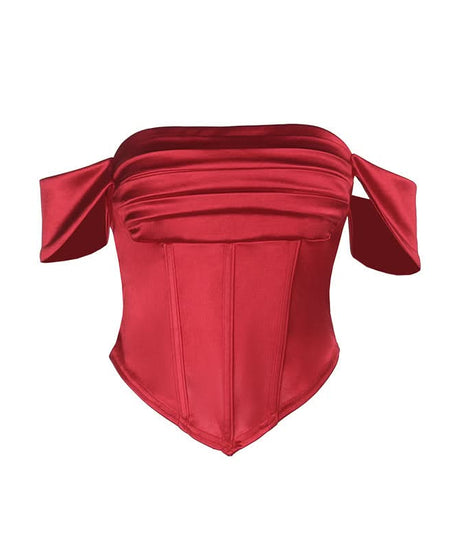 Chic Red Satin Off-Shoulder Corset Top - Fall & Holiday Party Glam