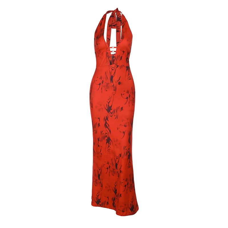 Fiery Print Halter Maxi Dress with Cut-Out Detail | Holiday & Evening Glamour