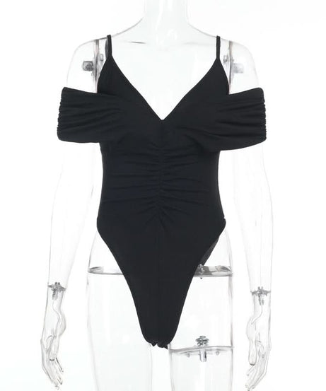 Fall Glamour: Ruched V-Neck Off-Shoulder Bodysuit - Chic & Flattering for Nights Out
