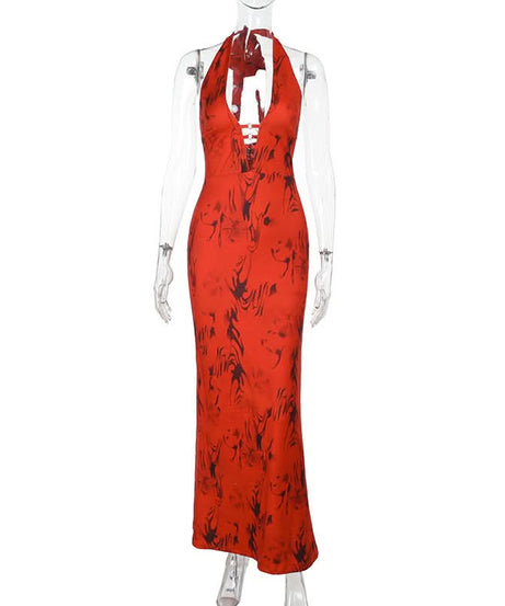 Fiery Print Halter Maxi Dress with Cut-Out Detail | Holiday & Evening Glamour