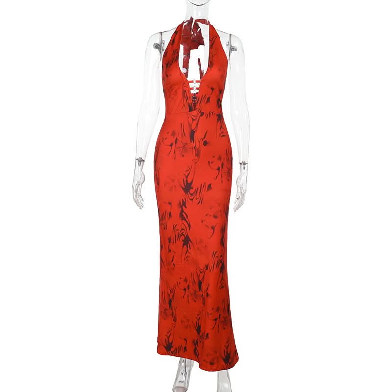 Fiery Print Halter Maxi Dress with Cut-Out Detail | Holiday & Evening Glamour