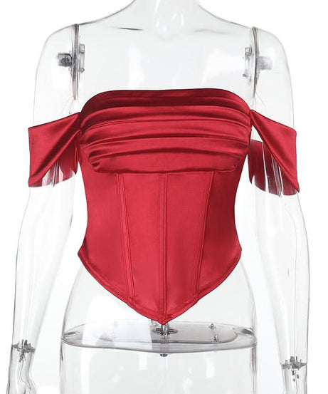 Chic Red Satin Off-Shoulder Corset Top - Fall & Holiday Party Glam