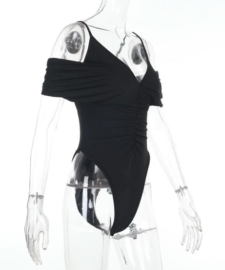 Fall Glamour: Ruched V-Neck Off-Shoulder Bodysuit - Chic & Flattering for Nights Out