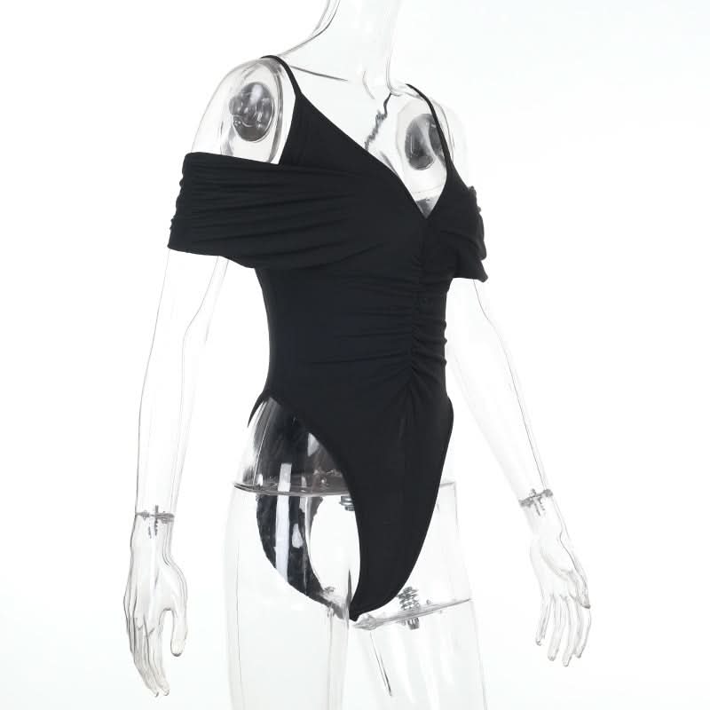 Fall Glamour: Ruched V-Neck Off-Shoulder Bodysuit - Chic & Flattering for Nights Out