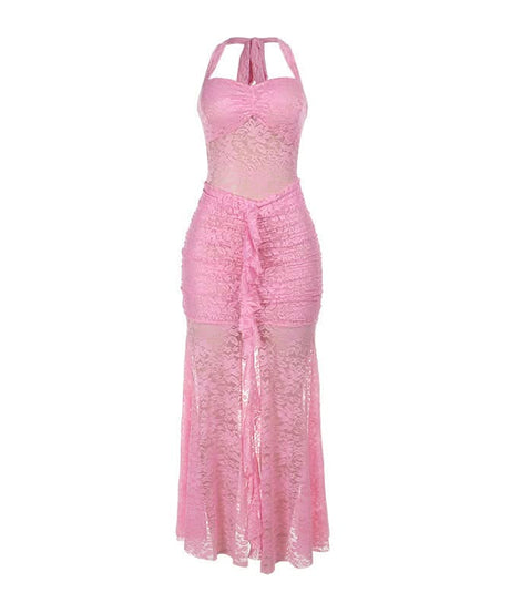 Daring Pink Lace Halter Maxi Dress - Y2K Sheer Ruched Bodycon for Unforgettable Parties & Halloween Glam