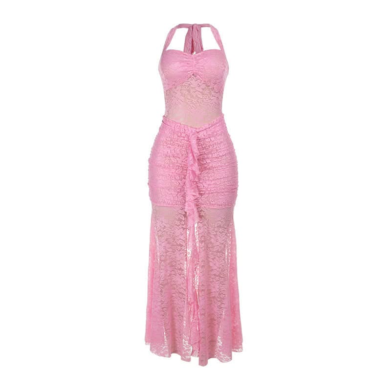 Daring Pink Lace Halter Maxi Dress - Y2K Sheer Ruched Bodycon for Unforgettable Parties & Halloween Glam