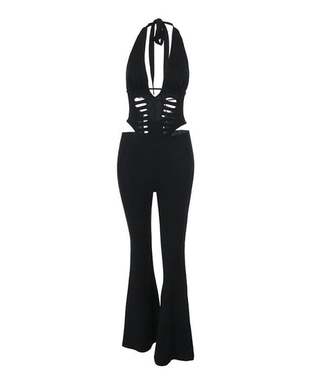 Sultry Black Halter Cutout Flare Jumpsuit - Edgy Deep V & Bell Bottoms for Fall Nights