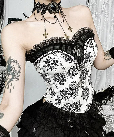 Gothic Damask Corset Top | Victorian Style Bustier for Spooky Season