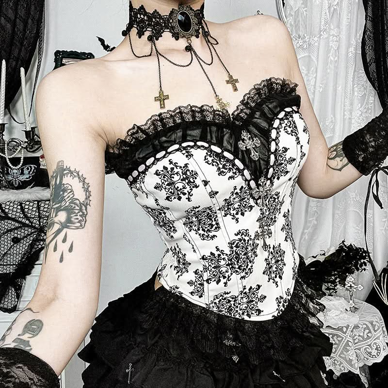 Gothic Damask Corset Top | Victorian Style Bustier for Spooky Season