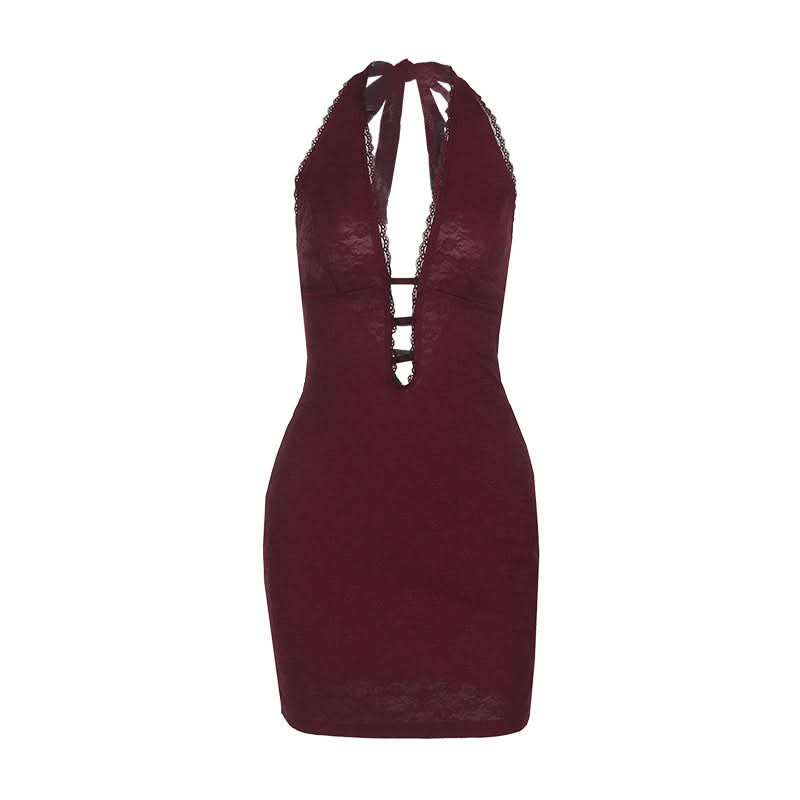 Sultry Fall Lace Halter Mini Dress with Daring Cut-Outs - Your Go-To Holiday Party Glam