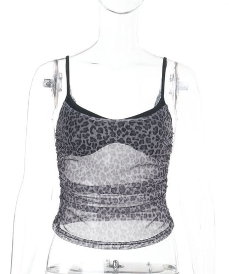 Fierce Fall Nights: Grey Leopard Ruched Mesh Cami Top – Your Trendy Autumn Essential