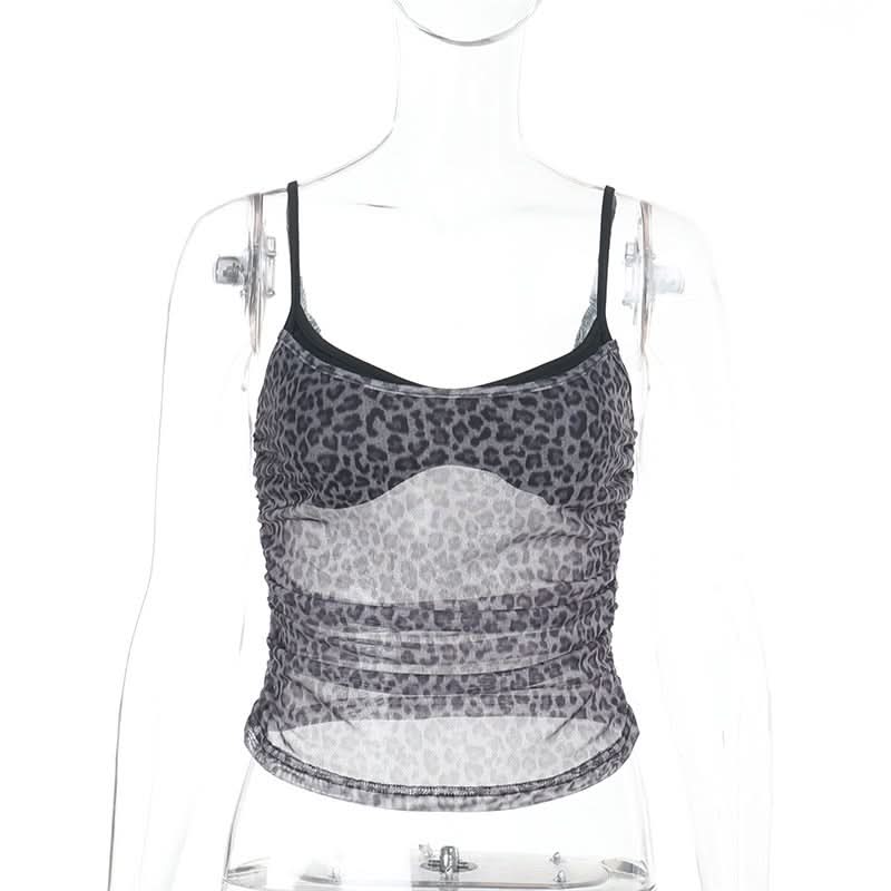 Fierce Fall Nights: Grey Leopard Ruched Mesh Cami Top – Your Trendy Autumn Essential