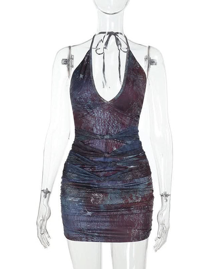 Mystic Skies Halter Deep V Ruched Mini Dress - Your Edgy Fall Night Out Essential